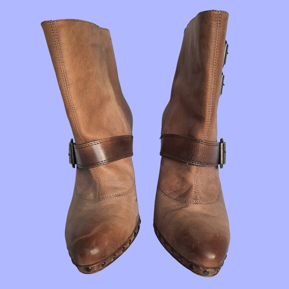 Miss Sixty Ankle Boots Heels 38 Size 7.5 Brown Distressed Leather Studded Buckle - Picture 2 of 9